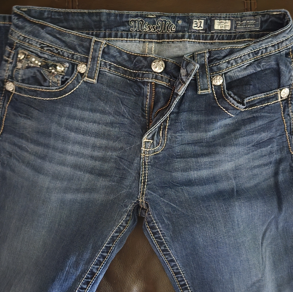 Miss Me Dark Blue Denim Jeans with Crystal Accents